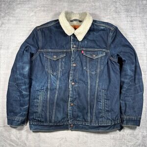 Levi's Jacket Mens XL Blue Denim Dark Wash Sherpa Denim Trucker Western Usa